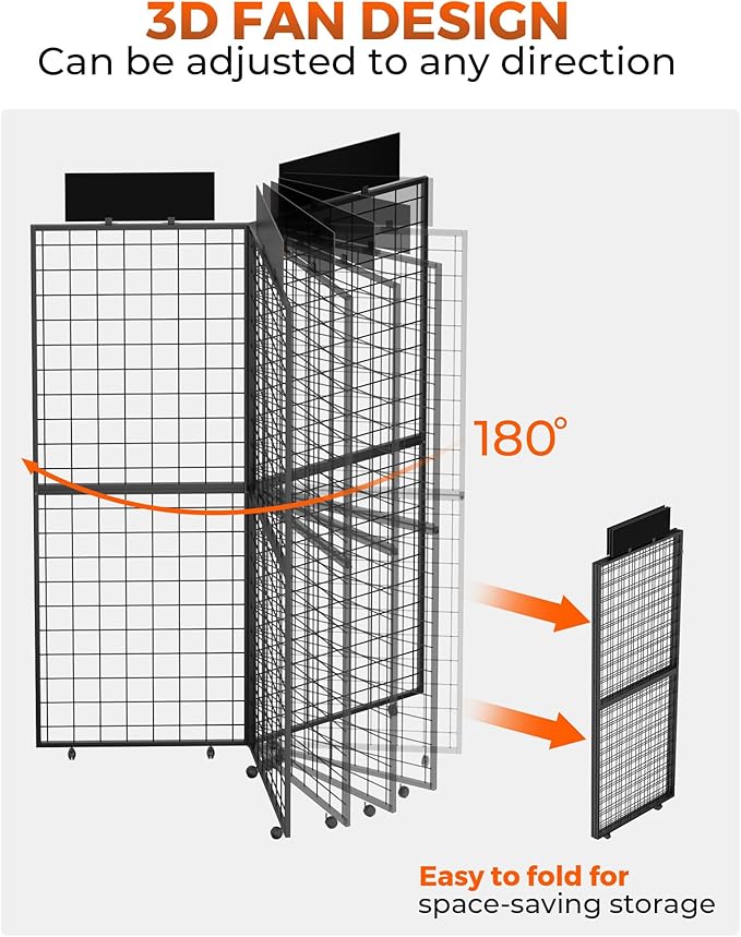 360° Foldable Grid Wall Panel, Three 6' x 4.25' Ft Double Side Gridwall Display Stand with Notice board, Heavy Duty Sturdy Floorstanding Wire Grid Rack, Movable Wheel for Retail Art Craft Fairs