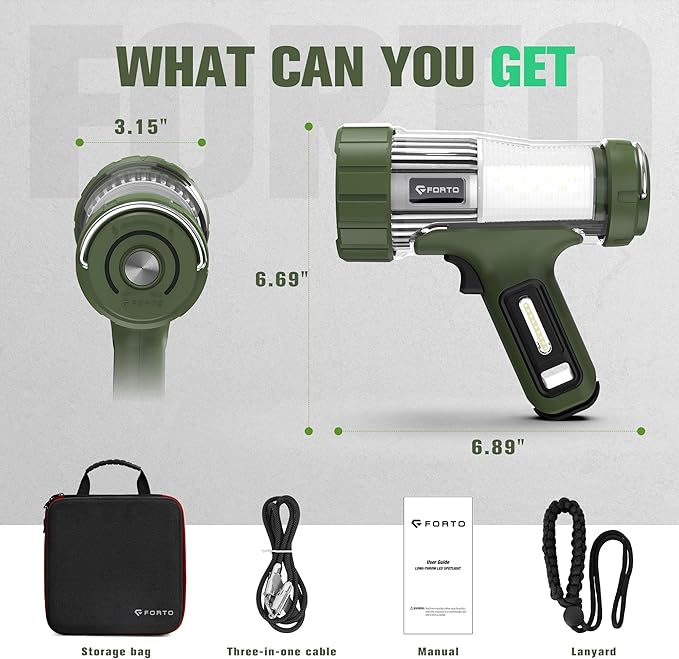 FORTO 3000 Lumens Handheld Spotlight, 1400 Ft Long Range LED Spot Light with 120H Runtime, IPX8 Waterproof Rechargeable Outdoor Flashlight for Camping, Hiking, Emergency, Searchlight (Green-Plus)