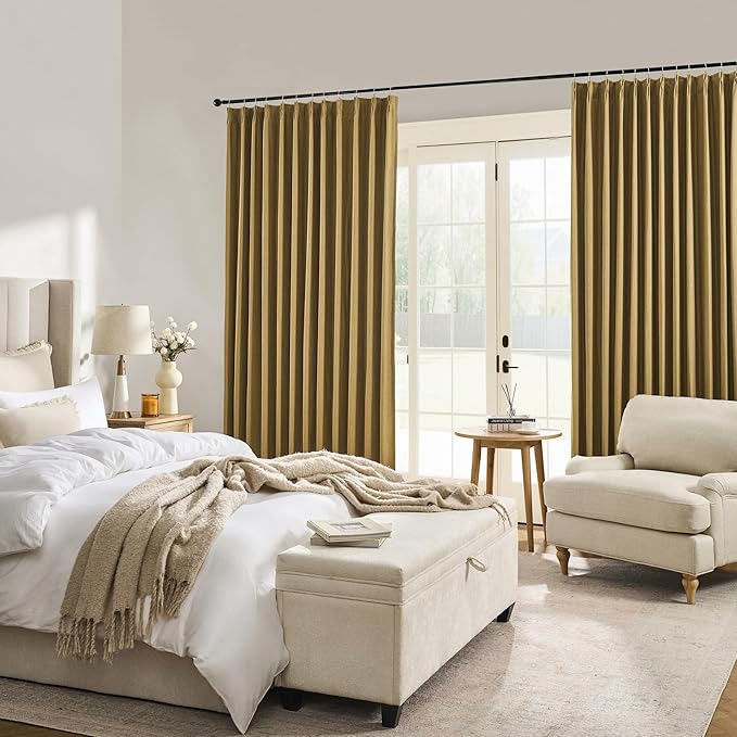DUALIFE Gold Tan Pinch Pleated Blackout Curtains 144 Inches Long, Back Tab with Hooks, Linen Full Black Out Thermal Insulated Track Curtain for Bedroom Living Room,40 W x 144 L, 2 Panels