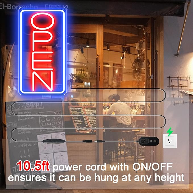 Led Neon Open Signs for Business,16.5"X 9" Ultra Bright Open Signs, Powered by 12V/2A AC Adapter, 6 Levels Adjustable Bright Led Neon Open Sign for Bar Salon Coffee Stores Club Hotel (Vertical)