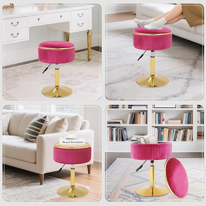 Adjustable Vanity Stool with Storage, 360° Swivel Makeup Stool Chair Small Velvet Round Ottoman with Gold Base for Bedroom (Hot Pink)