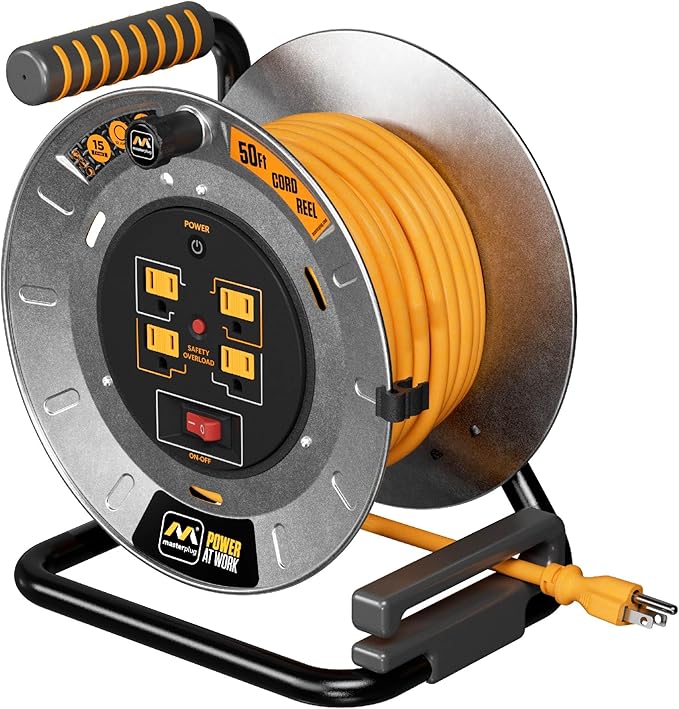 Masterplug 50ft Cord Reel, Metal Steel Cable Drum, Retractable Extension Lead with Winding Handle, Safety Overload Circuit Breaker and Power Switch, 4x Grounded Outlets, 15amps, 12AWG Cable