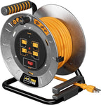 Masterplug 50ft Cord Reel, Metal Steel Cable Drum, Retractable Extension Lead with Winding Handle, Safety Overload Circuit Breaker and Power Switch, 4x Grounded Outlets, 15amps, 12AWG Cable