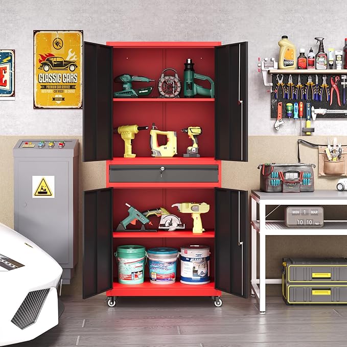 73" Metal Garage Storage Cabinet with Wheels， Rolling Tool Storage with Locking Doors， Adjustable Shelves and Drawer, Heavy Duty Steel Tool Cabinet for Garage, Warehouse, School(Red Black)
