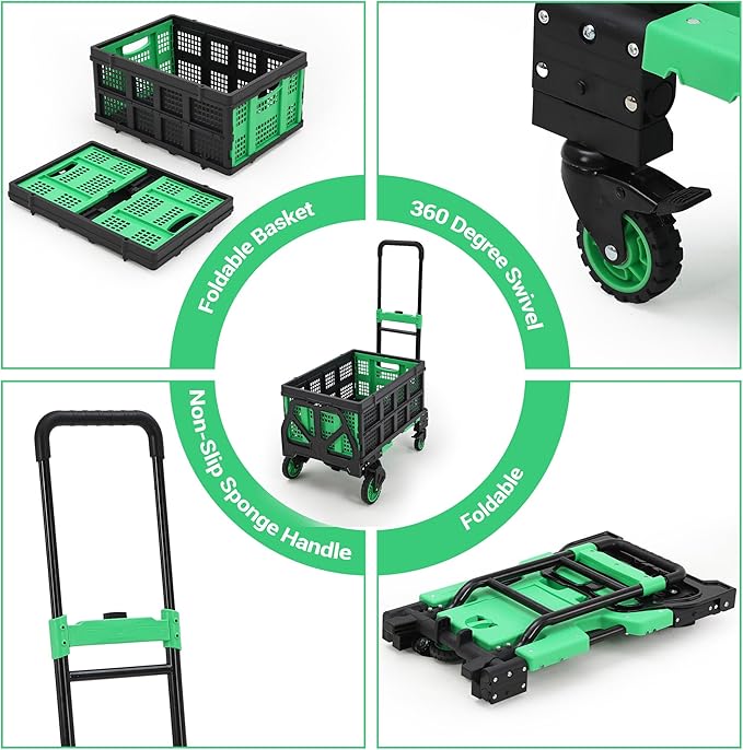 2-in-1 Folding Hand Truck with Folding Basket, Collapsible Hand Truck Dolly with Retractable Handle & 4 Wheels, 330 LB Capacity Portable Dolly Cart for Moving, Shopping, Green