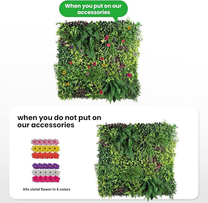 Artificial Grass Wall Panels for Indoor Outdoor, 40"x40" (11.09 Sq.Ft), 3D Boxwood Panels, Greenery Wall Backdrop for Home Living & Wedding Event Decor with DIY 60 PCS Flower,100 PCS Zip Ties