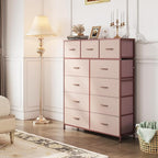 WLIVE Storage Organizer Unit with 11 Fabric Bins, Storage Drawers Organizer with Steel Frame, Tall Storage Tower Organizaton for Living Room, Hallway, Office, Office, Pink