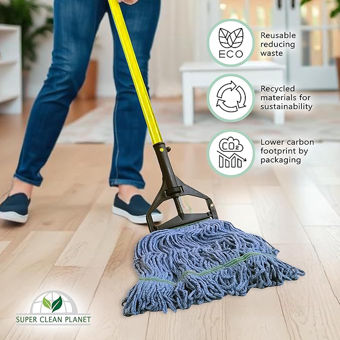 Super Clean Planet Heavy Duty Mop Head Refill (6-Pack) – Industrial Blue Cotton, Looped-End Wet Mop Heads for General, Commercial, Janitorial & Floor Cleaning