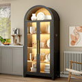 Vlsrka 71" Arched Display Cabinet with Glass Doors, Curio Cabinet with LED Light & Human Sensor, 5-Tier Display Cases for Collectibles, Storage Cabinet with Ajustable Shelf for Living Room(Black+Wood)