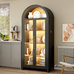 Vlsrka 71" Arched Display Cabinet with Glass Doors, Curio Cabinet with LED Light & Human Sensor, 5-Tier Display Cases for Collectibles, Storage Cabinet with Ajustable Shelf for Living Room(Black+Wood)