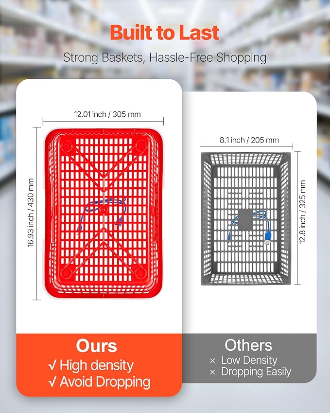 VEVOR Shopping Baskets, 12 PCS, 21L Stackable PE Plastic Grocery Baskets with Handles, Dense Mesh Structure, Holds up to 20 lbs, Portable for Grocery, Retail, Stores, Supermarket, Home Use, Red