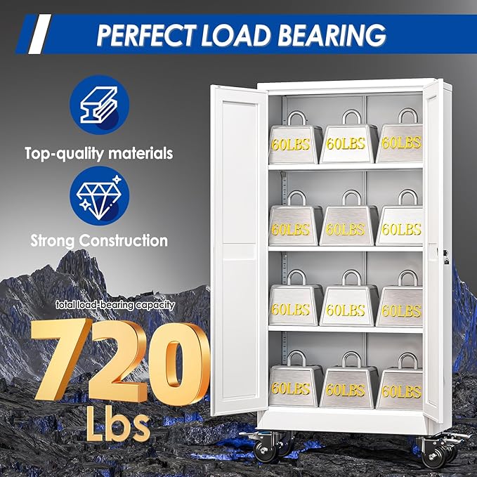 Metal Garage Storage Cabinet with Lock, 61” Tall Lockable File Cabinet with Wheels, Steel Tool Cabinet with 2 Door and 3 Adjustable Shelves, Rolling Cabinet for Home Office Garage Gym - White