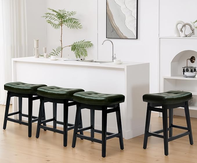 Counter Height Bar Stools Set of 3 for Kitchen Counter Farmhouse Modern Barstools with Faux Leather Upholstered Backless Seat and Solid Wood Legs 24 inch Bar Chairs, Green + Black