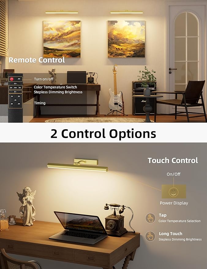 VOLISUN 16 inch Picture Lights for Wall, Rechargable Picture Light Battery Operated, 3 Color Temperatures Cordless Picture Light with Remote, Art Light for Paintings, Gallery, Portrait, 1 Pack (Gold)