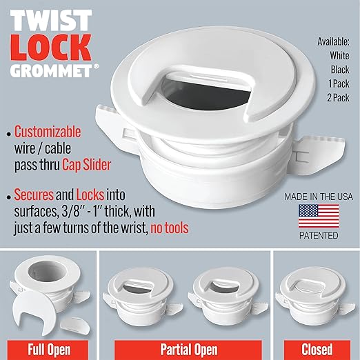 2PK White Patented: Only Cable, Wire, Cord Management Tool-Free Self-Securing/Locking Grommet and with Cap Slider, for Walls, Ceilings, Desks - Used for All Surfaces 3/8" to 1" Thick. Made in USA