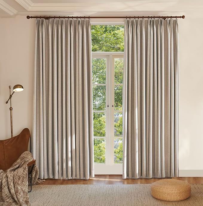 Textured Linen Pencil Pleats 100% Blackout Curtains for Bedroom/Living Room Blackout Curtains 63 Inches Long, Energy Saving Window Treatment Curtains,84Wx63Lx2,Sand Beige