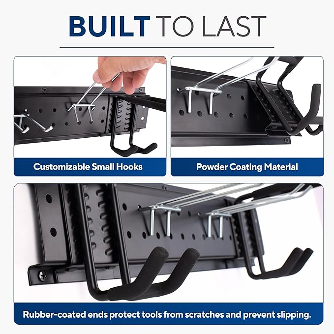 Heavy-Duty Wall Mount Garden Tool Organizer Rack, Black Metal, Multi-Hook Storage System