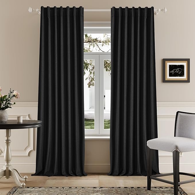 DUALIFE 120 Inch Extra Long Linen Black Curtains Floor to Ceiling for Sliding Glass Doors 2 Panels, Flax Linen 100% Blackout Elegant Boho Thermal Curtains for Large Windows 10 FT Drapes,50 x 120 Inch