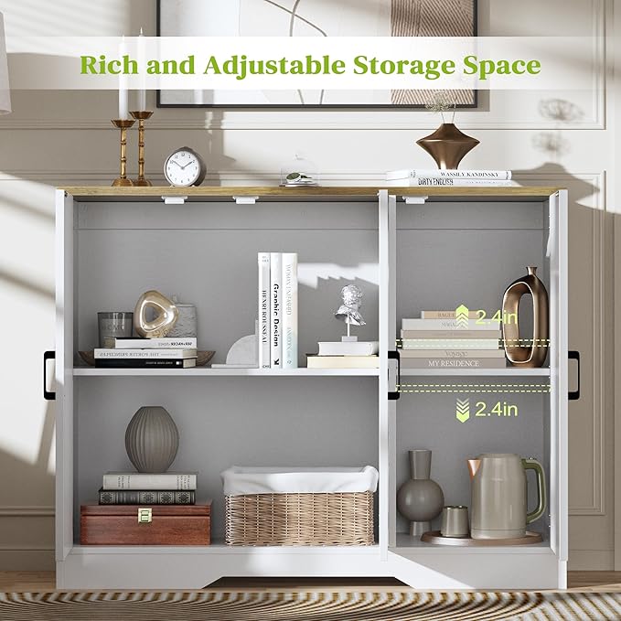 Farmhouse Sideboard Buffet Cabinet with Doors, 42.5" Kitchen Storage Cabinets for Hallway, Living Room (Classical White)