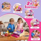 Wooden Cash Register for Kids with Shopping Cart Rechargeable Kid Cash Register with Scanner Gift for Kids Age 3 4 5 6 7 8 9 Year Old Pretend Play for Toddlers Toys for 3-12 Year Old Girls