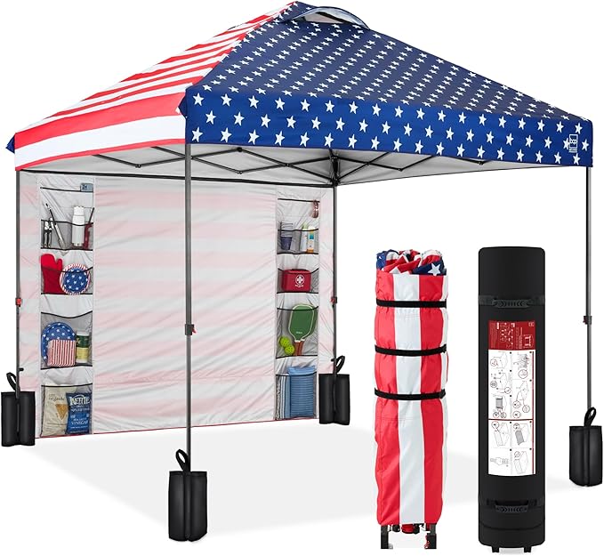 Best Choice Products 10x10ft Easy Pop Up Canopy w/Side Wall, 10 Pockets, Portable Carrying Case, 1-Button Setup, 4 Weight Bags - American Flag