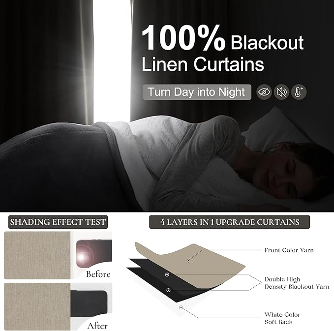 Blackout Curtains 60 Inches Extra Wide Grey Beige Linen Curtains 84 Inch Length for Living Room, Pleated Farmhouse Bedroom Thermal Drapes for Winter Large Window Energy Efficient(60"W x 84"L 2 Panels)