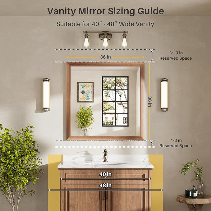36x36 Inch Bathroom Mirror for Wall, Anti-Rust Walnut Wood Grain Metal Framed Bathroom Mirrors for Over Sink,Rectangler Mirrors for Bathroom Vanity, Farmhouse, Bedroom, Living Room, Entryway Decor