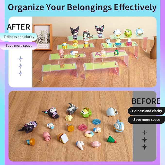 Iridescent Acrylic Display Risers, 8pcs Rainbow Display Stand Rectangular Stands Showcase Transparent Display Shelf for Dessert Cupcake Collectibles Figures Jewelry Perfume Christmas Decor
