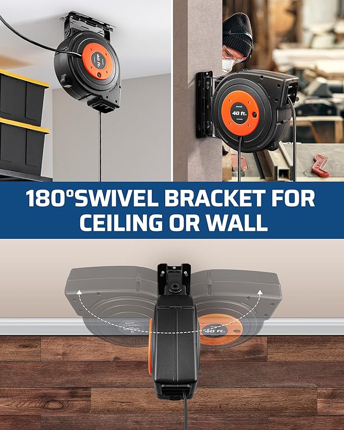 DEWENWILS 40 FT Retractable Extension Cord Reel with 6 Grounded Outlets, Twist-lock Stopper, 12/3C SJTOW Heavy Duty Power Cord, Wall/Ceiling Mounted for Garage, Workshop, ETL Listed