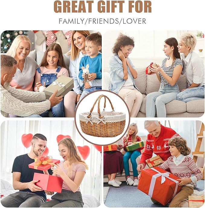 G GOOD GAIN Wicker Picnic Basket with Double Folding Handles,Willow Picnic Hamper,Natural Hand Woven Easter Basket,Easter Eggs and Candy Basket,Bath Storage,Gift Packing Basket.White
