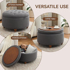 30Inch Round Storage Ottoman with Tray, Modern Tufted Fabric Circle Coffee Table with Storage, Upholstered Ottoman with Removable Top for Living Room, Bedroom, Dark Grey