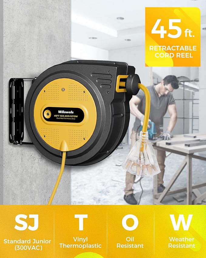 45 FT Retractable Extension Cord Reel, Heavy Duty Power Cord, 12AWG/3C SJTOW, 3 Grounded Outlets Lighted Triple Tap, Ceiling/Wall Mount,15 Amp Circuit Breaker, ETL Listed, Yellow Y45ACR06