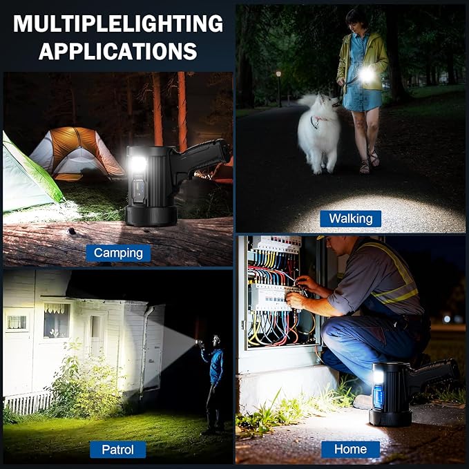 Spotlight Rechargeable, 99,000 Lumens Super Bright Handheld Flashlight, Outdoor Led Spot Light with Cob Light and Solar Panels for Boating Camping Home