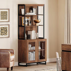 WAMPAT Modern 72" Tall Bookcase with Glass Doors and Adjustable Shelves, Library Book Shelf with Storage Cabinet and Open Book Shelfs, Wood Bookshelf for Home Office, Living Room, Brown