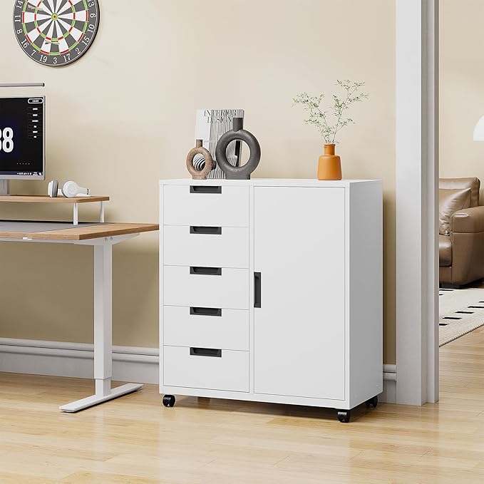 Office Storage Cabinet, 5 Drawer Metal Cabinet, Printer Stand with Storage Shelves, Mobile Storage Cabinet, Craft Storage Drawers for Home (White)