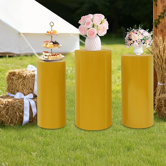 Eapmic Pedestal Stands for Party, Cake Pedestal Stand, Dessert Table Display Plinth Pillars, Sculpture Display Column Decoration Cube for Wedding Birthday (Gold, Cylinder-3Pcs(27.56"+26"+23.62"))