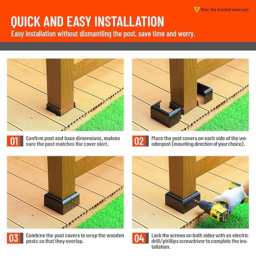 4"x4" (Actual: 3.5"x3.5") Deck Post Base Cover Split, Aluminum Post Base Trim Skirt Decorative Black 2Pack