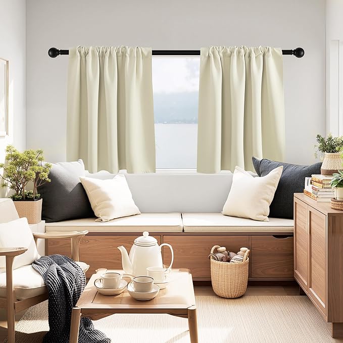 PONY DANCE Beige Kitchen Curtains 24 inch Long, Small Window Treatments Rod Pocket Energy Efficient Short Blackout Curtain Panels for Rv Camper, 29-inch Wide by 24 Long, Light Beige, 2 Pieces