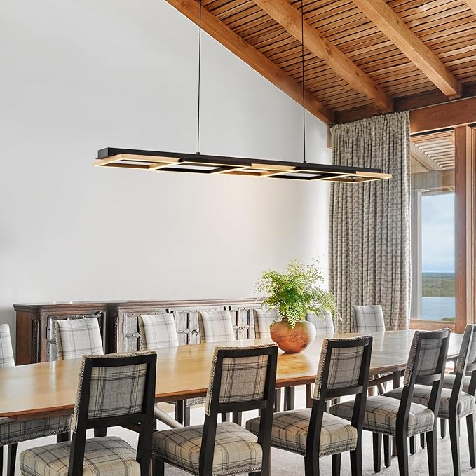 EDISLIVE 5-Light Black Gold Linear LED Chandelier Dimmable LED Square Island Light 45 in Linear Pendant Light 3000K Adjustable Height for Dinning Room Kitchen Pool Table