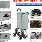 Shopping Cart, Super Loading Stair Climber 220 lbs Capacity, Grocery Foldable Trolley with Extra Large Shopping Bag Laundry Utility Cart with Adjustable Bungee Cord (Gray)