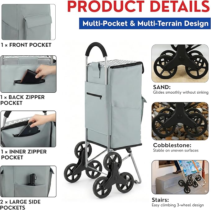 Shopping Cart, Super Loading Stair Climber 220 lbs Capacity, Grocery Foldable Trolley with Extra Large Shopping Bag Laundry Utility Cart with Adjustable Bungee Cord (Gray)
