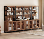 WAMPAT 4 PCS Modern 72" Tall Bookcases with Glass Doors and Adjustable Shelves, Library Book Shelf with Storage Cabinet and Open Book Shelfs, Wood Bookshelves for Home Office, Living Room, Brown