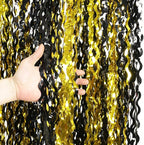 4 Pack Black and Gold Wavy Foil Fringe Curtains Pirthday Decorations,3.3 ft x 6.6 ft Metallic Foil Curtains Streamers for Party Photo Booth Props Background Decoration