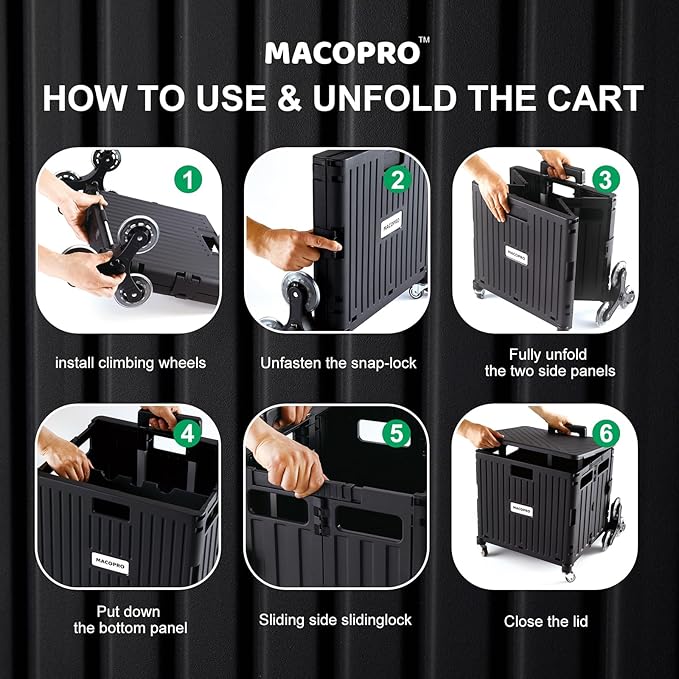 Foldable Utility Cart with Stair Climbing Wheels, Collapsible Rolling Crate with Telescoping Handle, Folding Shopping Trolley Handcart Grocery Book File Tool Teacher Storage Basket (Black)
