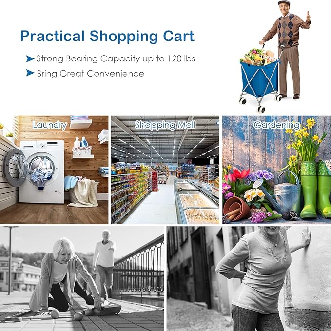 Goplus Folding Shopping Cart with Wheels, Grocery Cart with Removable Oxford Cloth Liner, Lightweight Utility Cart for Groceries Laundry Blue