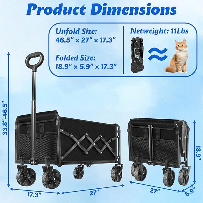 Wagons Cart Foldable, 360 Lbs with Adjustable Handle, Black Lightweight Portable, Collapsible Wagon for Beach Trip, Camping, Shopping, Sports, Travel, Picnic and Grocery (Black)