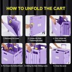 Foldable Utility Cart Folding Portable Rolling Crate Handcart with Durable Heavy Duty Plastic Telescoping Handle Collapsible 4 Rotate Wheels for Travel Shopping Moving Luggage Office Use (Purple)