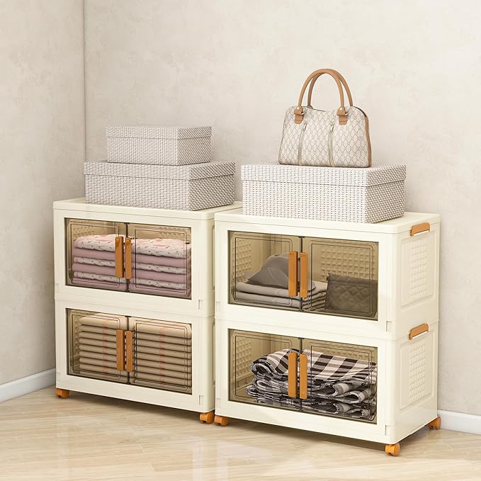 Plastic Stackable Storage Bins with Lids and Wheels, 91.2QT-45.6QT*2Tier Foldable Closet Organizers and Containers, Collapsible Clear Drawer Storage Cabinet with Doors Ivory White