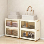Plastic Stackable Storage Bins with Lids and Wheels, 91.2QT-45.6QT*2Tier Foldable Closet Organizers and Containers, Collapsible Clear Drawer Storage Cabinet with Doors Ivory White
