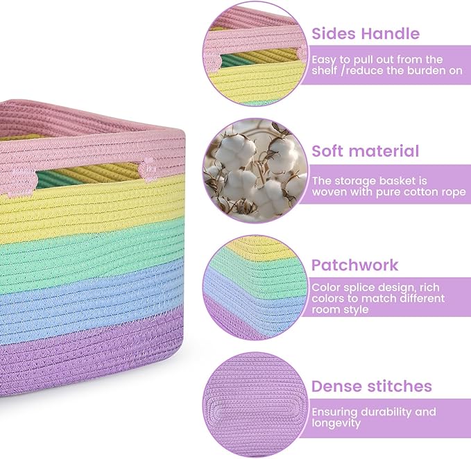 Shelf Woven Storage Basket, 15 x 10 x 9” Closet Rope Baskets For Organizing, Square Bins with Handles, Rainbow 1 Pack